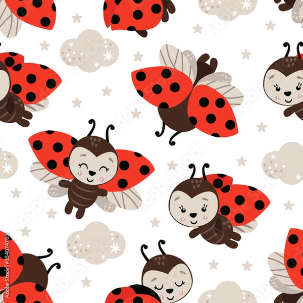 Fototapeta seamless pattern with cute ladybug on white background - vector illustration, eps