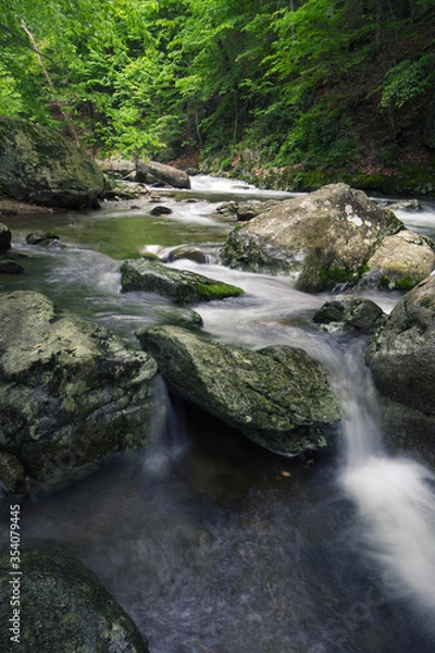 Obraz Fast moving water cascades over boulders in a cool river in springtime Virginia in the Blue Ridge Mountains