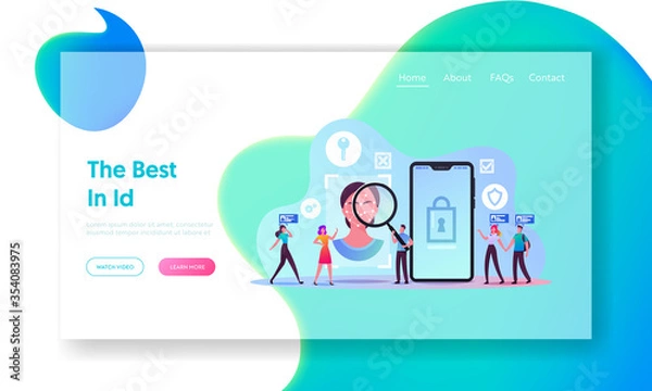 Fototapeta Facial Recognition Technology Landing Page Template. Tiny Characters Scanning Face Id on Smartphone. Identification of Person Through System of Verification. Cartoon People Vector Illustration
