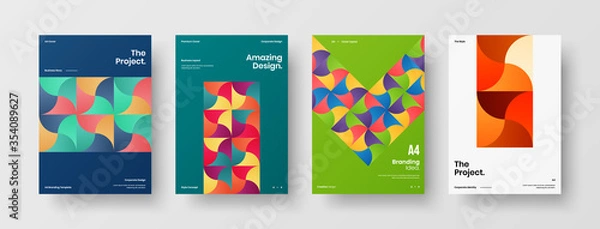 Fototapeta Company identity brochure template collection. Business presentation vector A4 vertical orientation front page mock up set. Corporate report cover abstract geometric illustration design layout bundle.