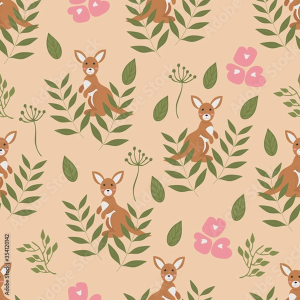 Fototapeta Trendy seamless with kangaroos and flowers. Fabric design with cute kangaroos, plants and flowers. Vector cute repeat pattern for fabric, wallpaper or wrapping paper.
