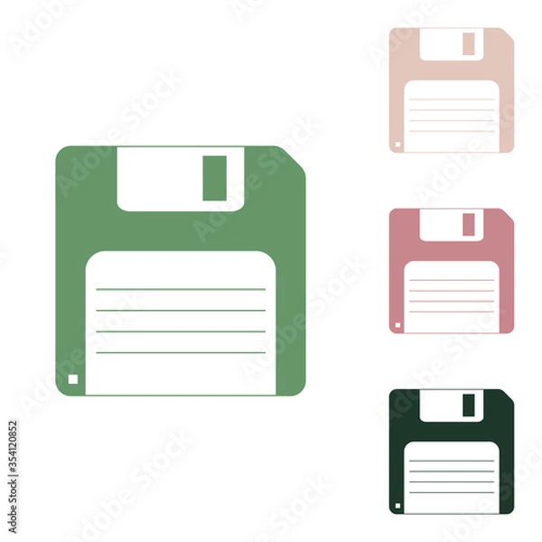 Fototapeta Floppy disk sign. Russian green icon with small jungle green, puce and desert sand ones on white background. Illustration.