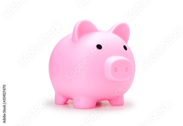 Fototapeta skarbonka do oszczędzania pieniędzy izolować na białym tle ze ścieżką klipu, najlepiej do wycinania. lalka różowa świnia widok z boku, aby zapisać obraz prawdziwego zdjęcia monety na białym tle.