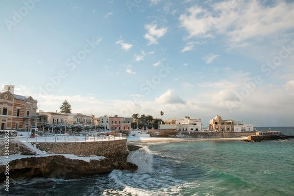 Fototapeta Santa Maria al Bagno beach after a exceptional snowfall, Salento, Italy
