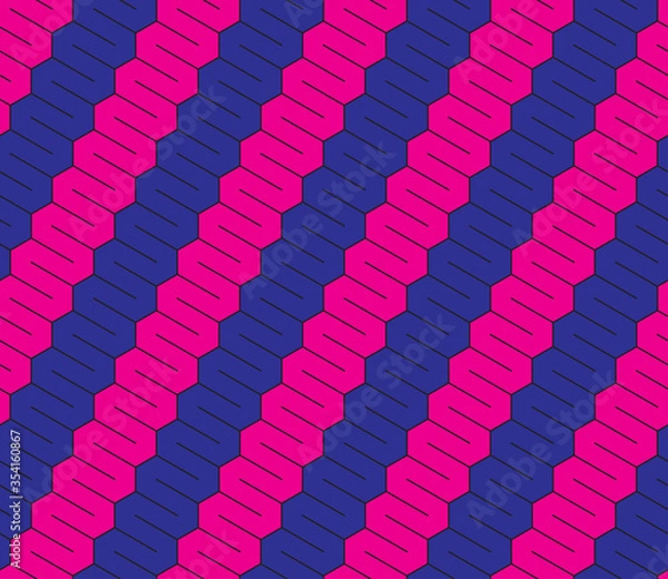 Fototapeta Abstract seamless vector pattern. Hexagonal tessellation. Magenta and purple stripes of serpentine shapes with black outline. Modern and simple geometric ornament, perfect background or textile print.