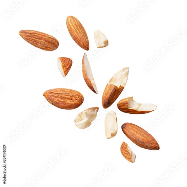 Fototapeta almond piece fly explosion on white isotated .Clipping path