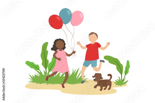 Fototapeta African-American girl with helium balloons and Caucasian boy. Friendship. Vector illustration.