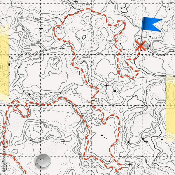 Fototapeta Fictional topographic map with pins and paths. Lined conceptual elevation map