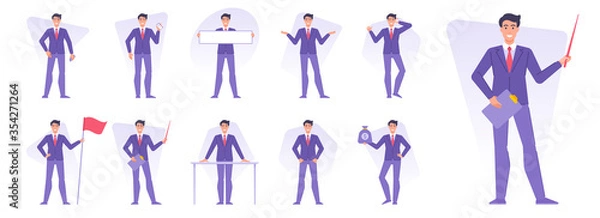 Fototapeta Set of businessmen doing various business activities vector illustrations