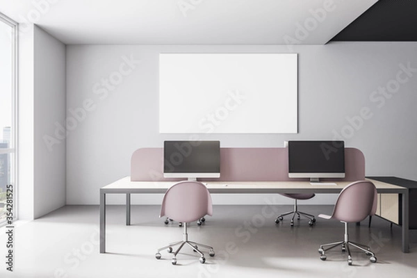 Fototapeta Modern coworking office interior with blank banner on wall.