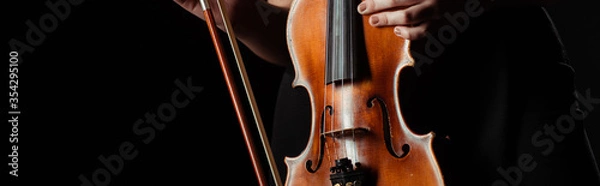 Obraz partial view of professional musician holding violin isolated on black, panoramic concept