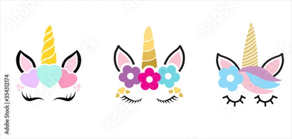 Fototapeta Hand drawn vector illustration of a cute funny unicorn heads with a set of different glasses, sunglasses, trendy hats and accessories. Isolated objects. Design concept for children.