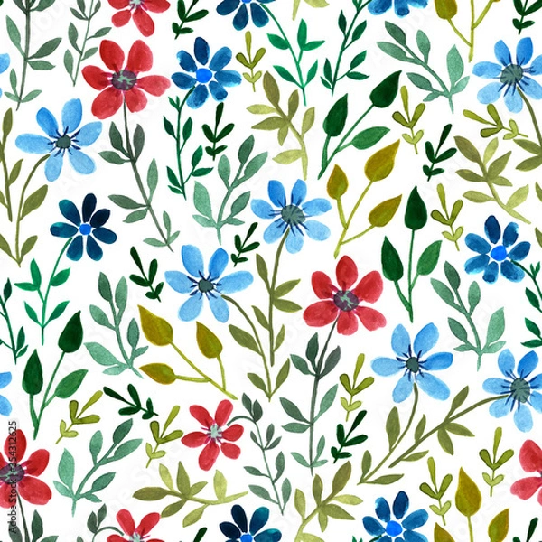 Obraz Watercolor seamless floral background with flowers and leaves in retro style. Hand drawing vitage pattern