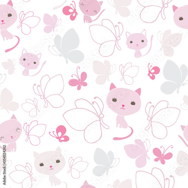 Fototapeta Vector fun cute pink cats and butterflies seamless pattern on white background. Great for fabric, textile, card, scrapbooking. Surface pattern design.