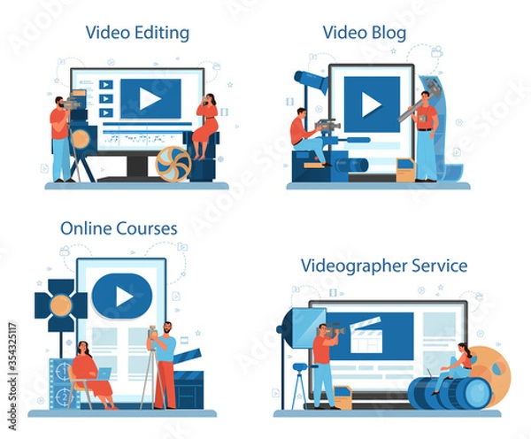 Fototapeta Video production or videographer online service or platform set.