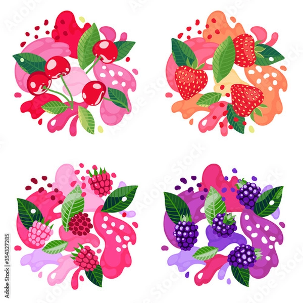 Obraz Set of berries on abstract background. Strawberry, raspberry, cherry and blackberry. Vector illustration