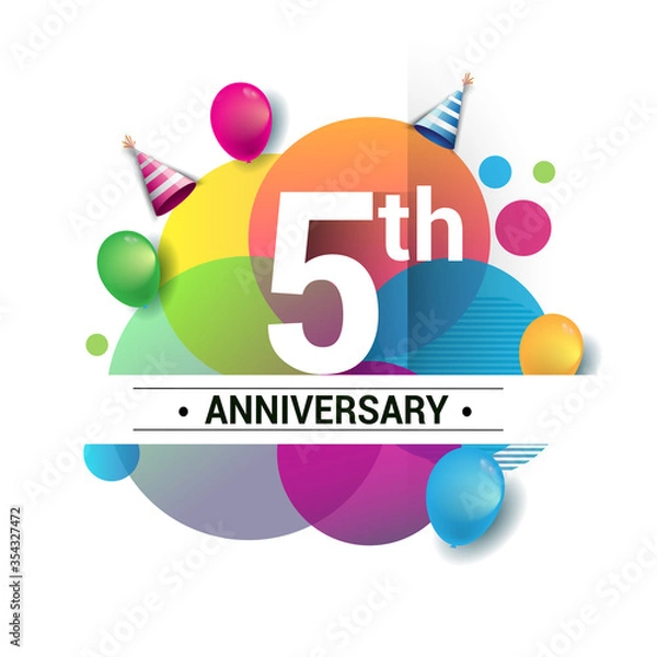 Fototapeta 5th years anniversary logo, vector design birthday celebration with colorful geometric, Circles and balloons isolated on white background.