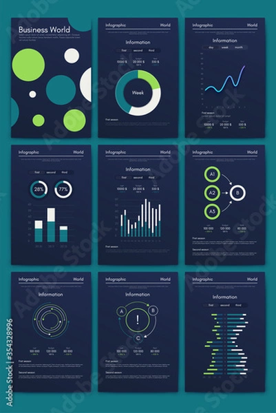 Obraz Modern infographic vector elements for business brochures. Use in website, corporate brochure, advertising and marketing. Pie charts, line graphs, bar graphs and timelines.