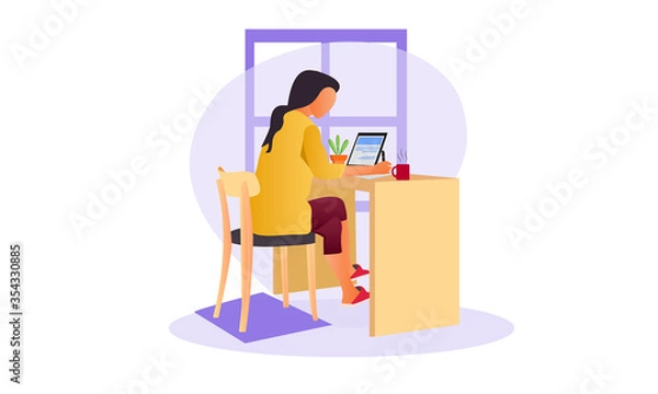 Fototapeta Vector illustration of a Girl working on the computer