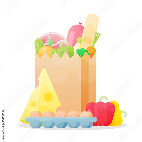 Fototapeta Grocery bag isolated on white background. Paper bag with fresh food. .