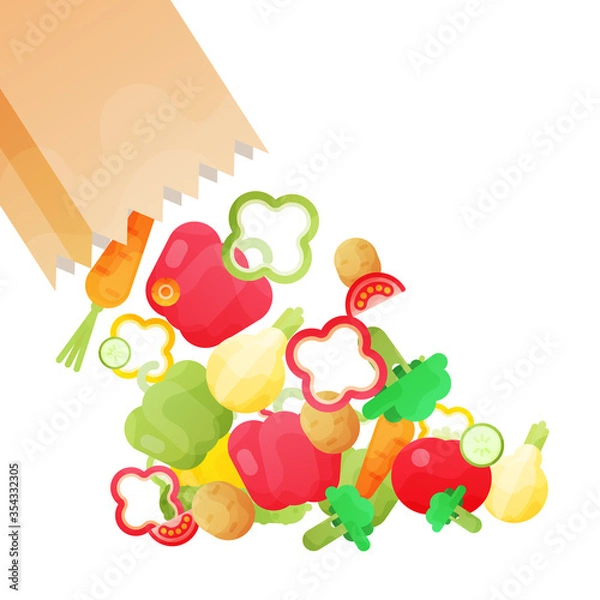 Fototapeta Vector illustration with Paper bag with fresh organic vegetables isolated on white background.