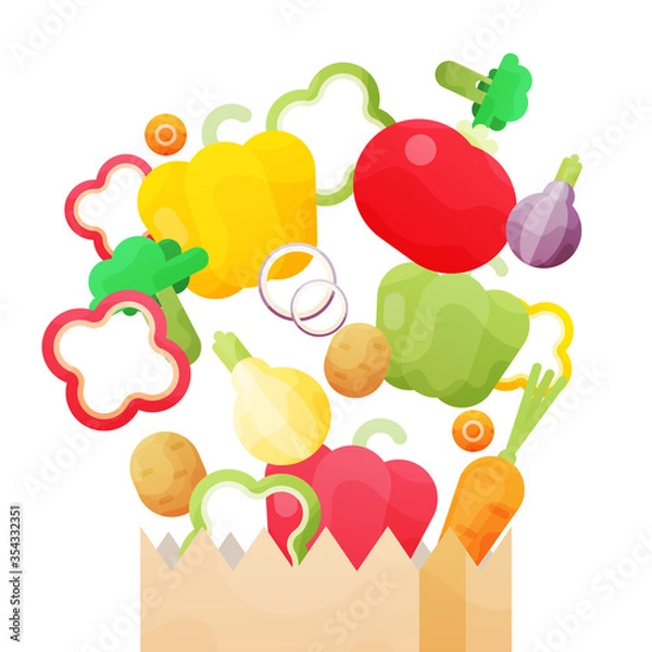 Fototapeta Vector illustration with Paper bag with fresh organic vegetables isolated on white background.