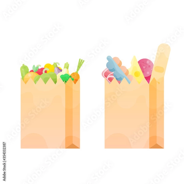 Fototapeta Two Paper bag full of food. Colorful vector illustration