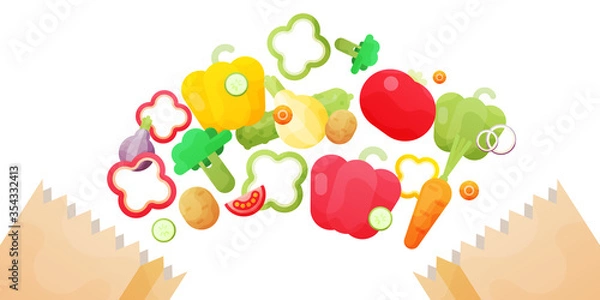 Fototapeta Vector illustration with Paper bags with fresh organic vegetables isolated on white background.