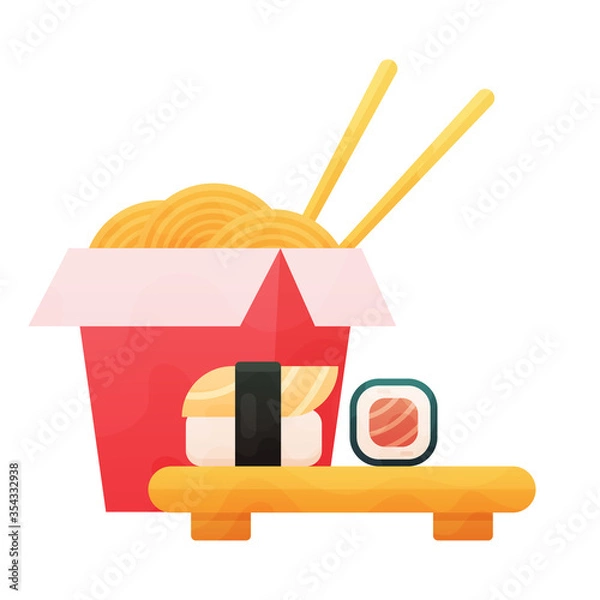 Fototapeta Ramen Noodles and sushi Vector flat Illustration on white background.