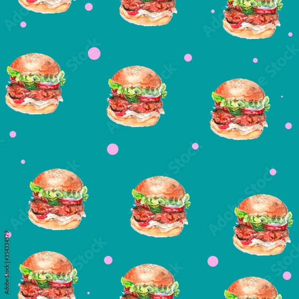 Fototapeta juicy hamburger on a blue background. watercolor. seamless pattern. Suitable for fabric, paper products, background, decoration.