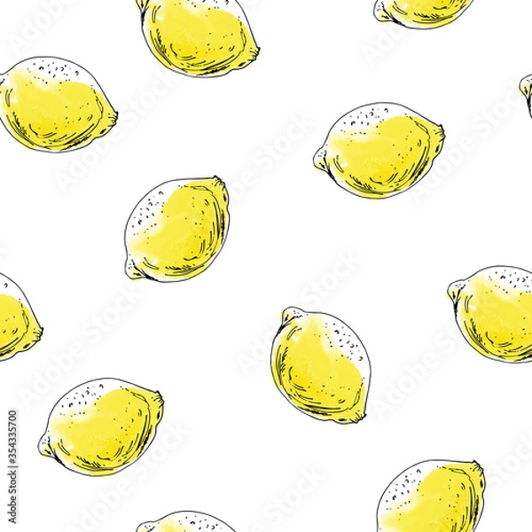 Fototapeta Hand drawn seamless pattern. Ink sketch  and watercolor stains lemons.