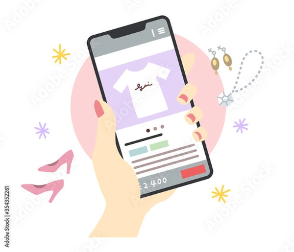 Obraz スマホでオークションサイト（フリマサイト）を見る手元のイラスト（線なし）