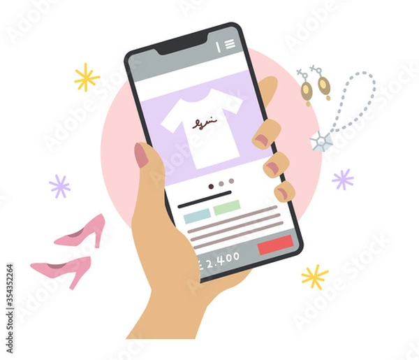 Obraz スマホでオークションサイト（フリマサイト）を見る褐色の手元のイラスト（線なし）