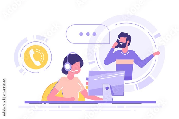 Fototapeta Kobieta z zestawem słuchawkowym siedzi przy jej komputerze i rozmawia z klientem. Pomoc klientów, call center, operator infolinii, kierownik konsultantów, wsparcie techniczne i obsługa klienta. Ilustracja wektorowa.