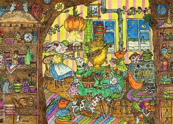 Obraz Hares and squirrel are sitting in the kitchen. Bright watercolor and ink illustration. Cute illustration for the decor and design of posters, postcards, prints, stickers, invitations, textiles.