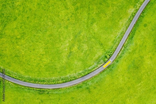 Fototapeta Semi truck with cargo trailer on country road curve among green grass meadow, top down aerial view. Transportation and logistics background with copy space