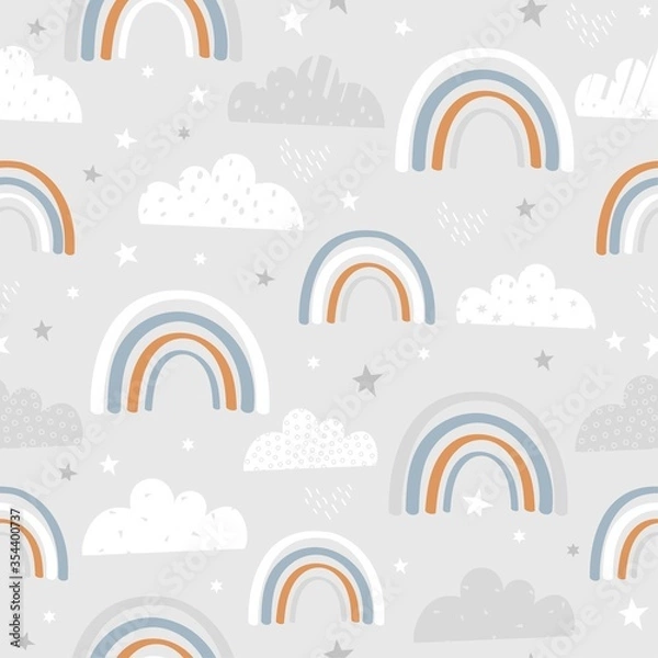 Obraz Seamless pattern with hand drawn rainbows and clouds. Creative texture for fabric, wrapping, textile, wallpaper, apparel. Vector illustration