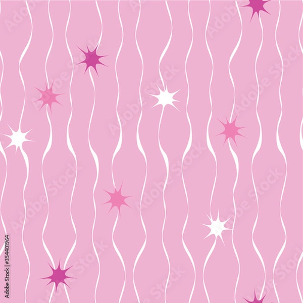 Fototapeta Vector pink repeat pattern with white waves and white and pink stars. Surface pattern design.