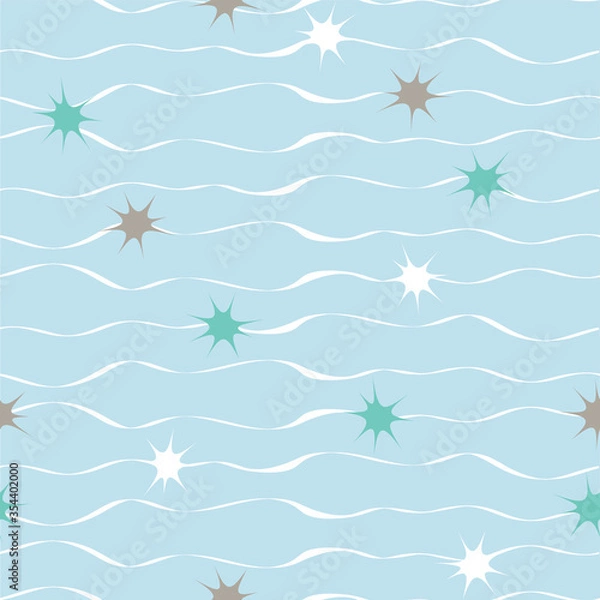 Fototapeta Vector blue repeat pattern with white waves and blue, white and brown stars. Surface pattern design.