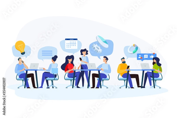 Obraz Flat design style illustration of teamwork, workflow, project management, customer relationship. Vector concept for website banner, marketing material, business presentation, online advertising.