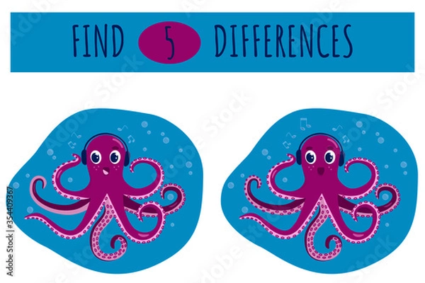 Obraz Cute little octopus in headphones. Find 5 differences. Mini game. Educational game for children. Vector illustration.