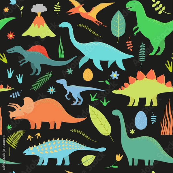 Obraz Dinosaurs pattern on black background