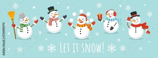 Obraz Niech to śnieg karta z ilustracji wektorowych bałwan ładny charakter. Szczęśliwy bałwanki w stylu płaski szalik i kapelusz. Koncepcja szczęśliwy urlop zimowy. Na białym tle na niebieskim tle