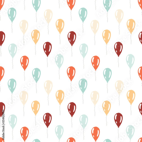 Fototapeta Simple hand drawn vector pattern. Yellow, blue, orange and beige balloons isolated on white background. Happy festive illustration. Perfect for wallpaper or fabric.