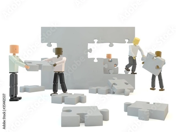 Obraz A team building a grey wall against a white isolated background
