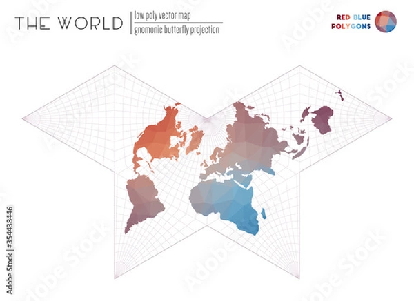 Fototapeta Low poly world map. Gnomonic butterfly projection of the world. Red and blue colored polygons. Elegant vector illustration.