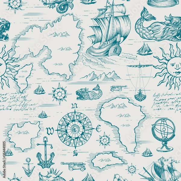 Obraz Vector abstract seamless pattern on the theme of travel, adventure and discovery and pirates. Vintage repeating background with hand-drawn ships, anchors, islands and sea monsters.