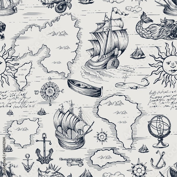 Obraz Vector abstract seamless pattern on the theme of travel, adventure and discovery and pirates. Vintage repeating background with hand-drawn ships, anchors, islands and sea monsters.