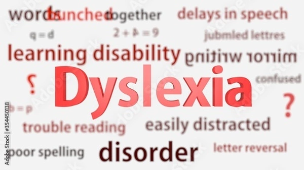 Fototapeta Dyslexia title surrounded by blurred words of context. Titles concept. 3d illustration.