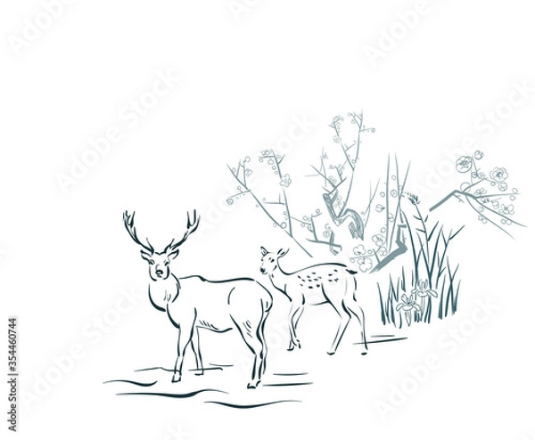 Fototapeta deer sakura card nature landscape view landscape card vector sketch illustration japanese chinese oriental line art